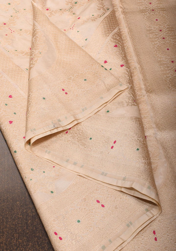 Ivory Banarasi Katan Silk Saree with Trendy Jharokha Meenakari design and Zari borders| SILK MARK CERTIFIED