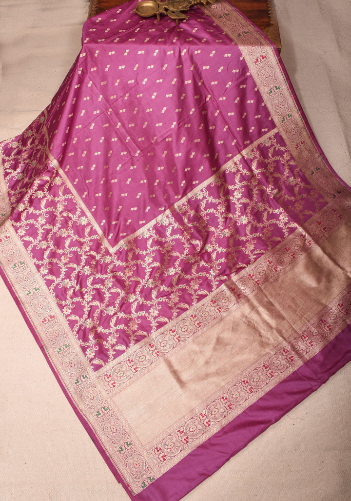 Magenta Banarasi Katan Silk Saree with Zari Butti with Meenakari jaal panel and zari Border | SILK MARK CERTIFIED