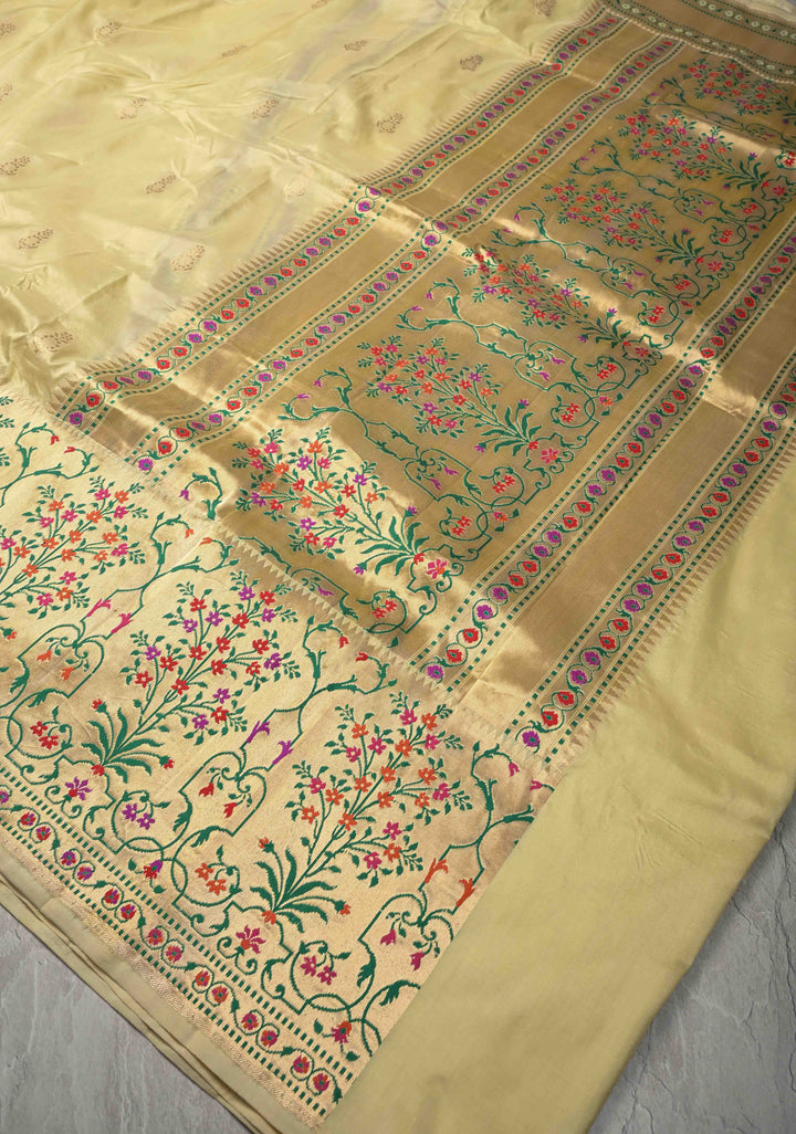 Beige Pure Banarasi Katan Silk Saree with Zari motifs & Paithani Style Borders | SILK MARK CERTIFIED