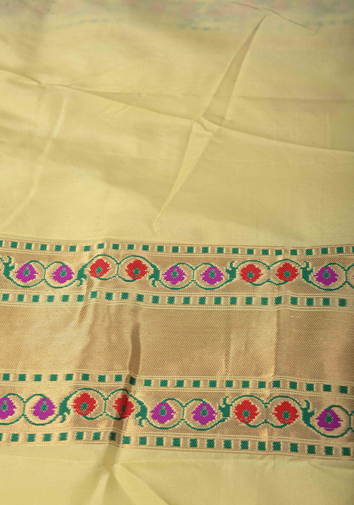 Beige Pure Banarasi Katan Silk Saree with Zari motifs & Paithani Style Borders | SILK MARK CERTIFIED