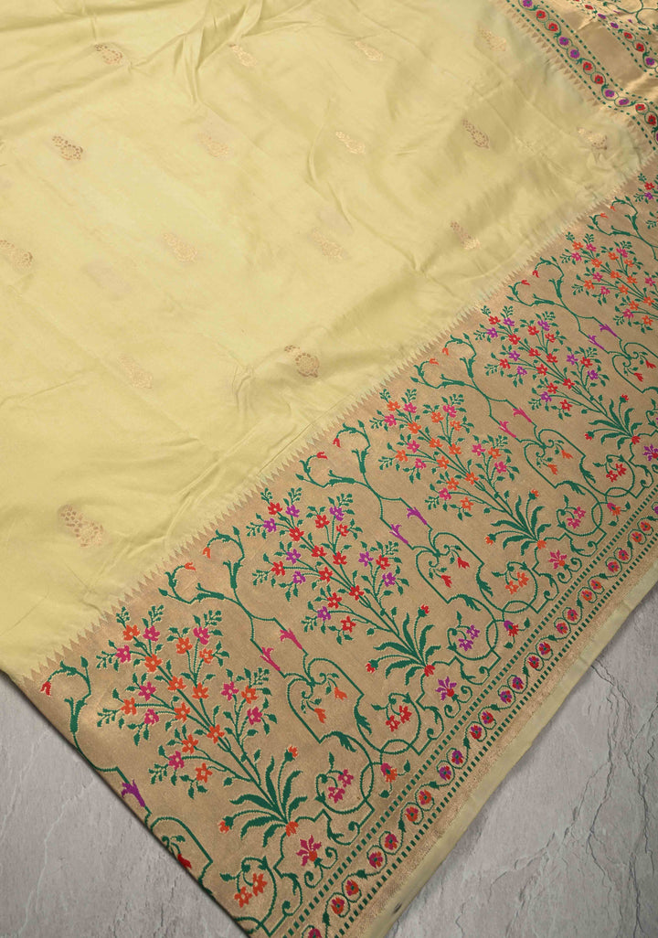 Beige Pure Banarasi Katan Silk Saree with Zari motifs & Paithani Style Borders | SILK MARK CERTIFIED