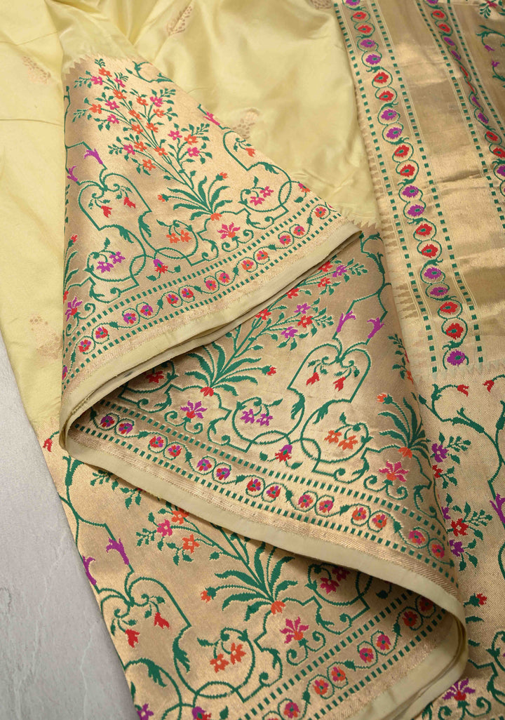 Beige Pure Banarasi Katan Silk Saree with Zari motifs & Paithani Style Borders | SILK MARK CERTIFIED