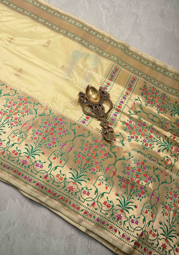 Beige Pure Banarasi Katan Silk Saree with Zari motifs & Paithani Style Borders | SILK MARK CERTIFIED