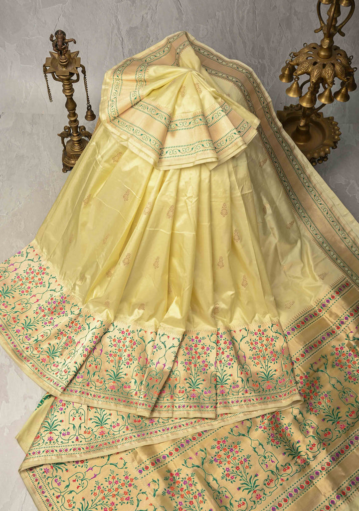 Beige Pure Banarasi Katan Silk Saree with Zari motifs & Paithani Style Borders | SILK MARK CERTIFIED