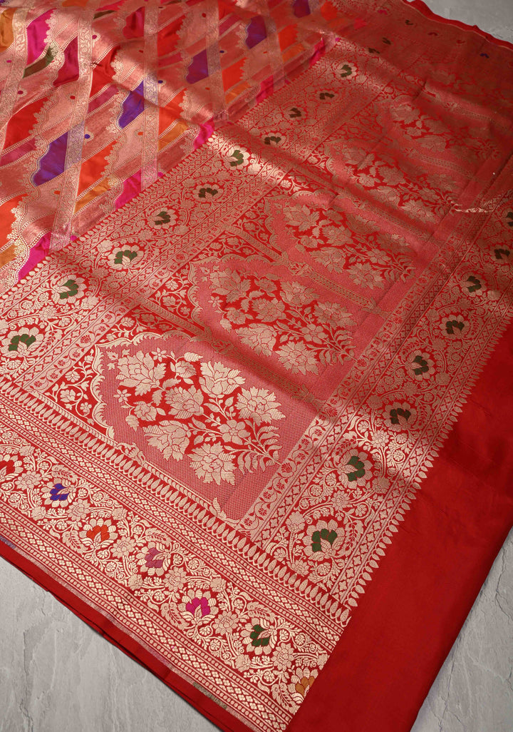Multicolor Rangkaat Design jharoka and leheria Pattern  Banarasi Katan Silk Saree with Zari Border | SILK MARK CERTIFIED