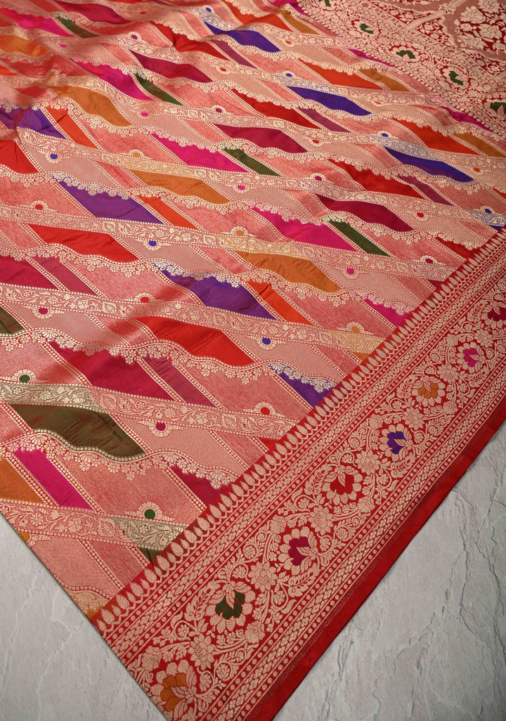 Multicolor Rangkaat Design jharoka and leheria Pattern  Banarasi Katan Silk Saree with Zari Border | SILK MARK CERTIFIED