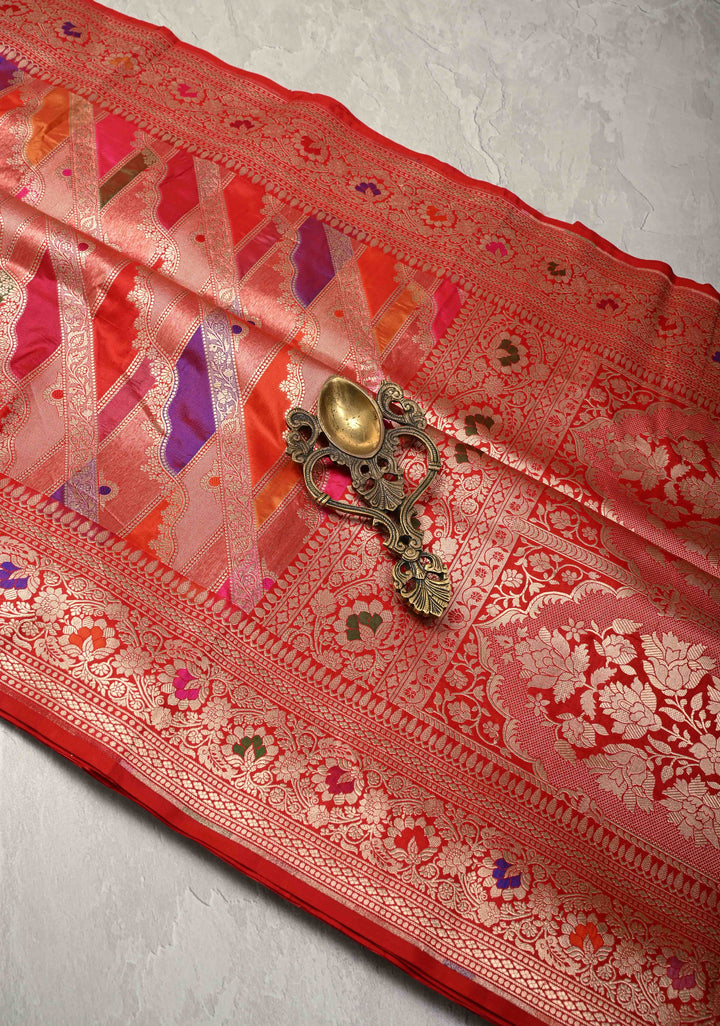 Multicolor Rangkaat Design jharoka and leheria Pattern  Banarasi Katan Silk Saree with Zari Border | SILK MARK CERTIFIED