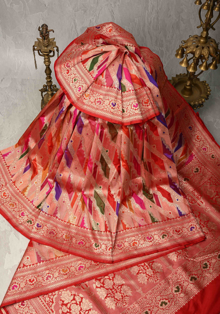 Multicolor Rangkaat Design jharoka and leheria Pattern  Banarasi Katan Silk Saree with Zari Border | SILK MARK CERTIFIED