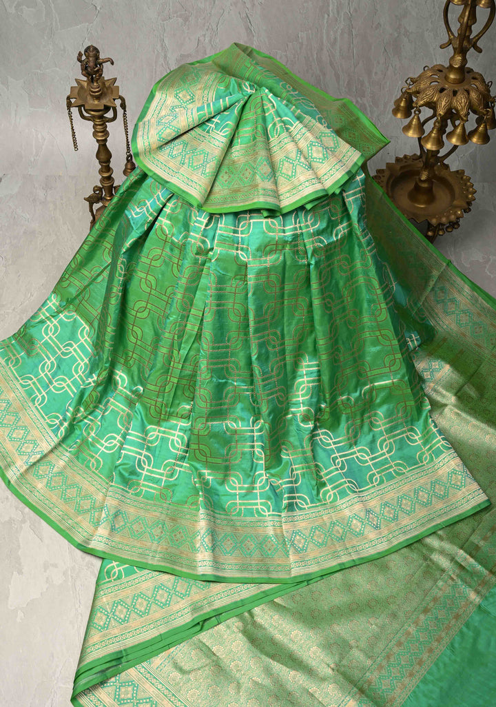 Green Dual tone Banarasi Katan Silk Saree with Trellis Brocade and Zari Borders | SILK MARK CERTIFIED