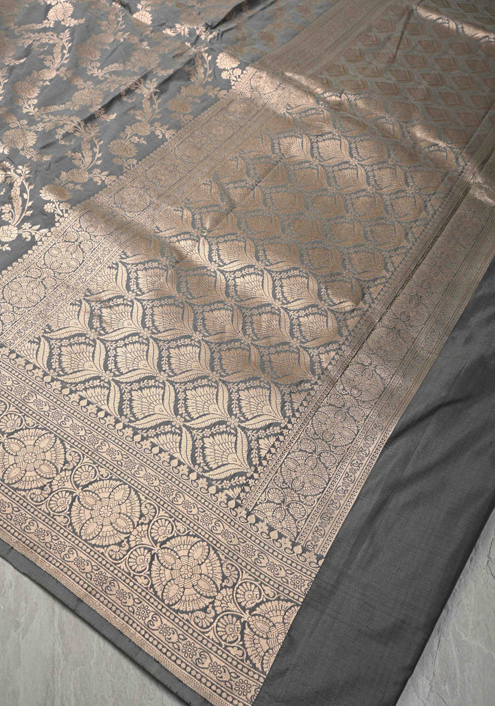 Sage Green jaal Banarasi Katan Silk Saree with Zari Border  | SILK MARK CERTIFIED