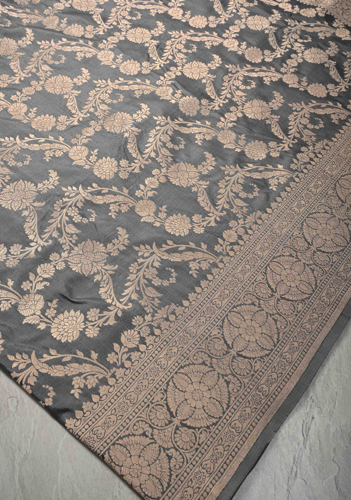 Sage Green jaal Banarasi Katan Silk Saree with Zari Border  | SILK MARK CERTIFIED