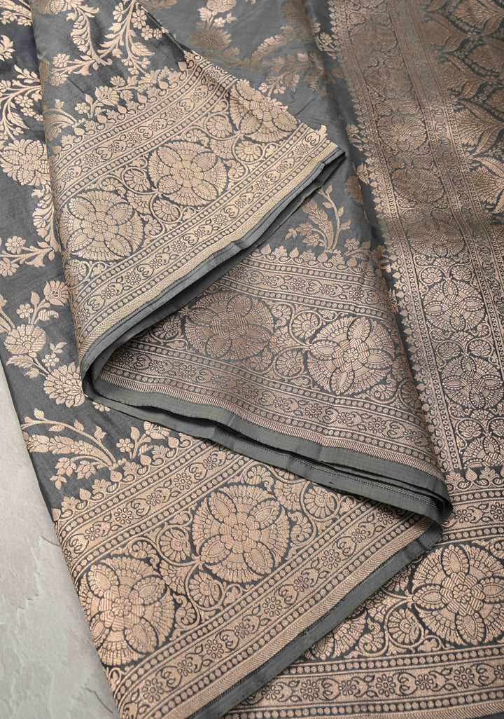 Sage Green jaal Banarasi Katan Silk Saree with Zari Border  | SILK MARK CERTIFIED