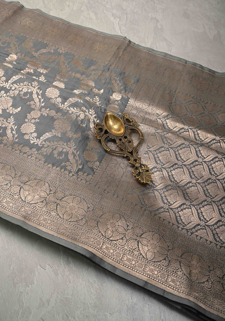 Sage Green jaal Banarasi Katan Silk Saree with Zari Border  | SILK MARK CERTIFIED