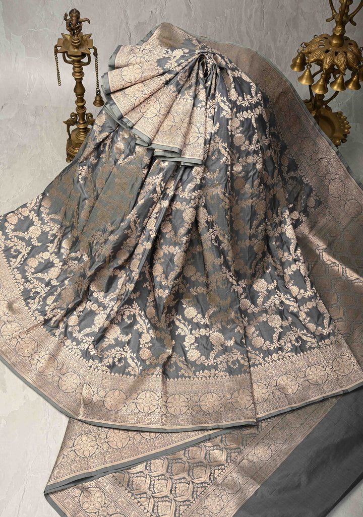 Sage Green jaal Banarasi Katan Silk Saree with Zari Border  | SILK MARK CERTIFIED