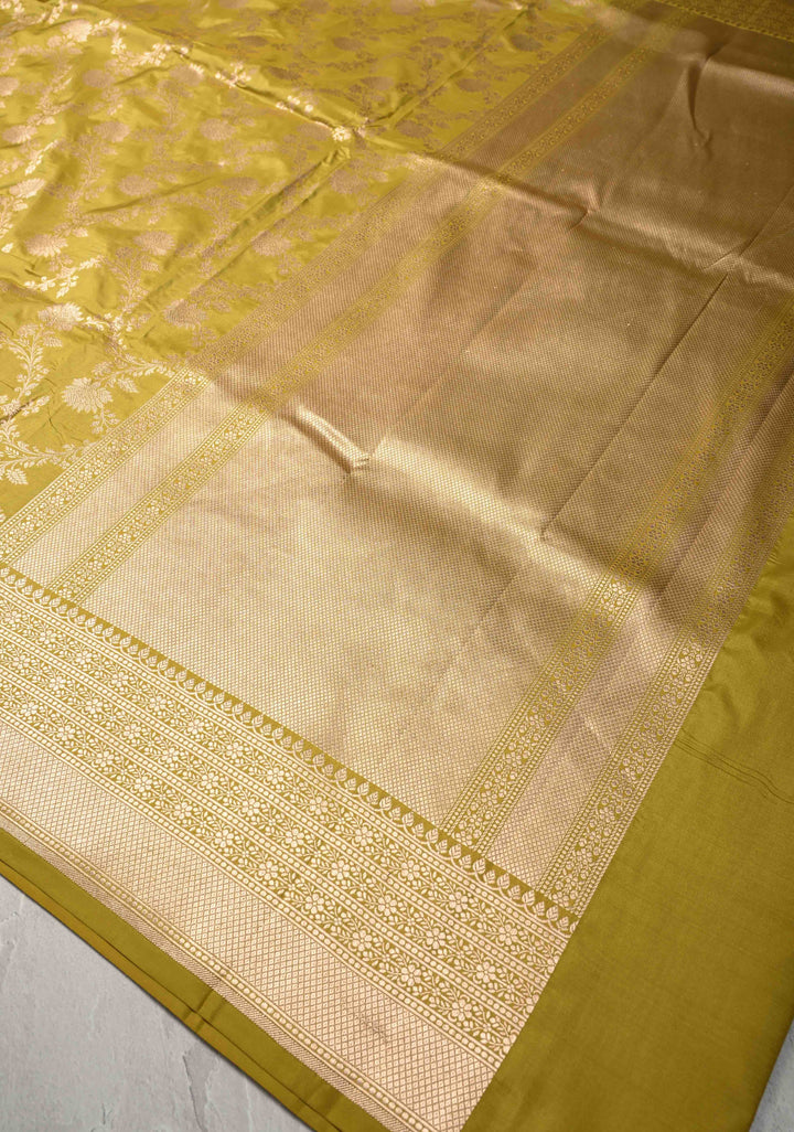 Olive Green jaal Banarasi Katan Silk Saree with Zari Border  | SILK MARK CERTIFIED