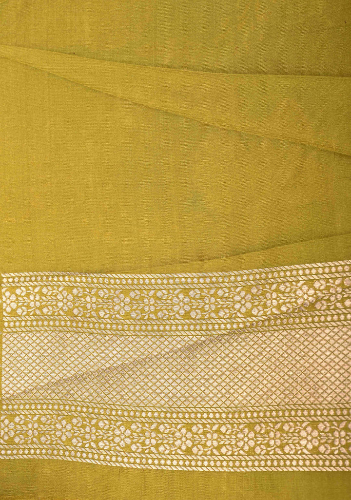Olive Green jaal Banarasi Katan Silk Saree with Zari Border  | SILK MARK CERTIFIED