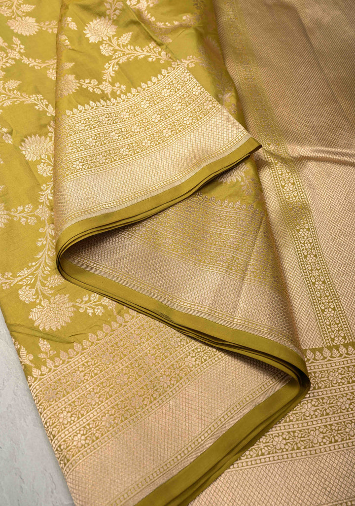 Olive Green jaal Banarasi Katan Silk Saree with Zari Border  | SILK MARK CERTIFIED