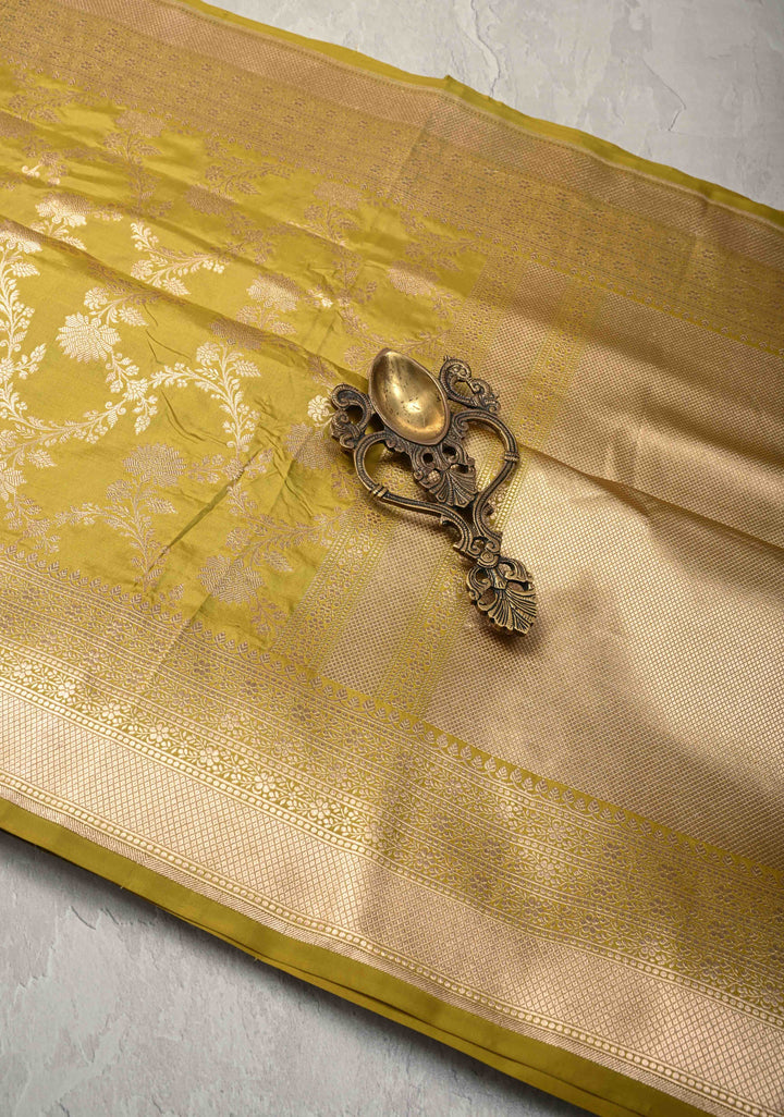 Olive Green jaal Banarasi Katan Silk Saree with Zari Border  | SILK MARK CERTIFIED