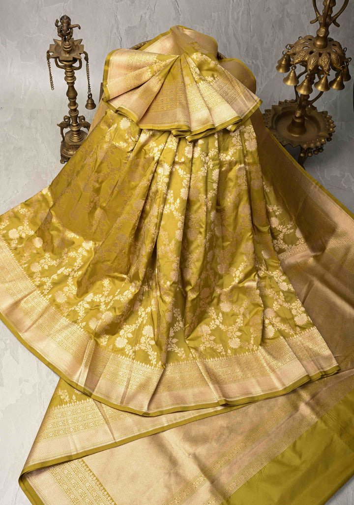 Olive Green jaal Banarasi Katan Silk Saree with Zari Border  | SILK MARK CERTIFIED