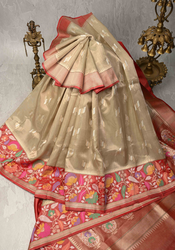 Pale lime green Pure Banarasi Tissue Organza Silk Saree with Sona Rupa Buttas and Meenakari Kadiyal Zari Border | SILK MARK CERTIFIED