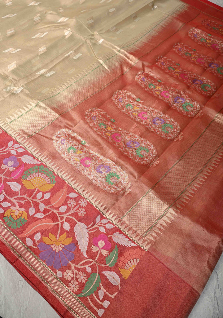 Pale lime green Pure Banarasi Tissue Organza Silk Saree with Sona Rupa Buttas and Meenakari Kadiyal Zari Border | SILK MARK CERTIFIED