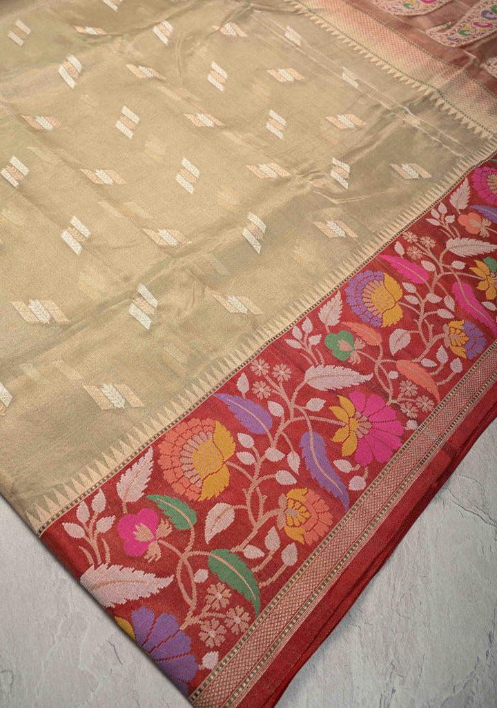 Pale lime green Pure Banarasi Tissue Organza Silk Saree with Sona Rupa Buttas and Meenakari Kadiyal Zari Border | SILK MARK CERTIFIED