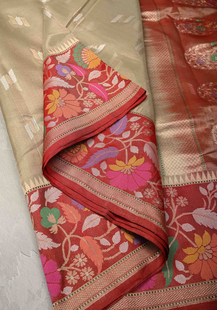 Pale lime green Pure Banarasi Tissue Organza Silk Saree with Sona Rupa Buttas and Meenakari Kadiyal Zari Border | SILK MARK CERTIFIED