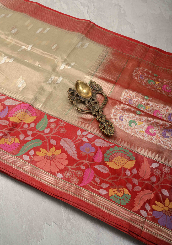 Pale lime green Pure Banarasi Tissue Organza Silk Saree with Sona Rupa Buttas and Meenakari Kadiyal Zari Border | SILK MARK CERTIFIED