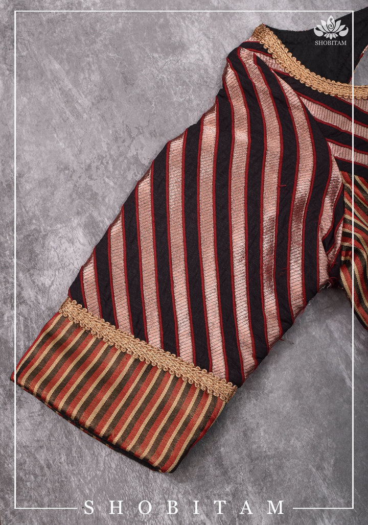 Size 34 Black, red and Copper striped brocade boatneck blouse | Shobitam Blouse