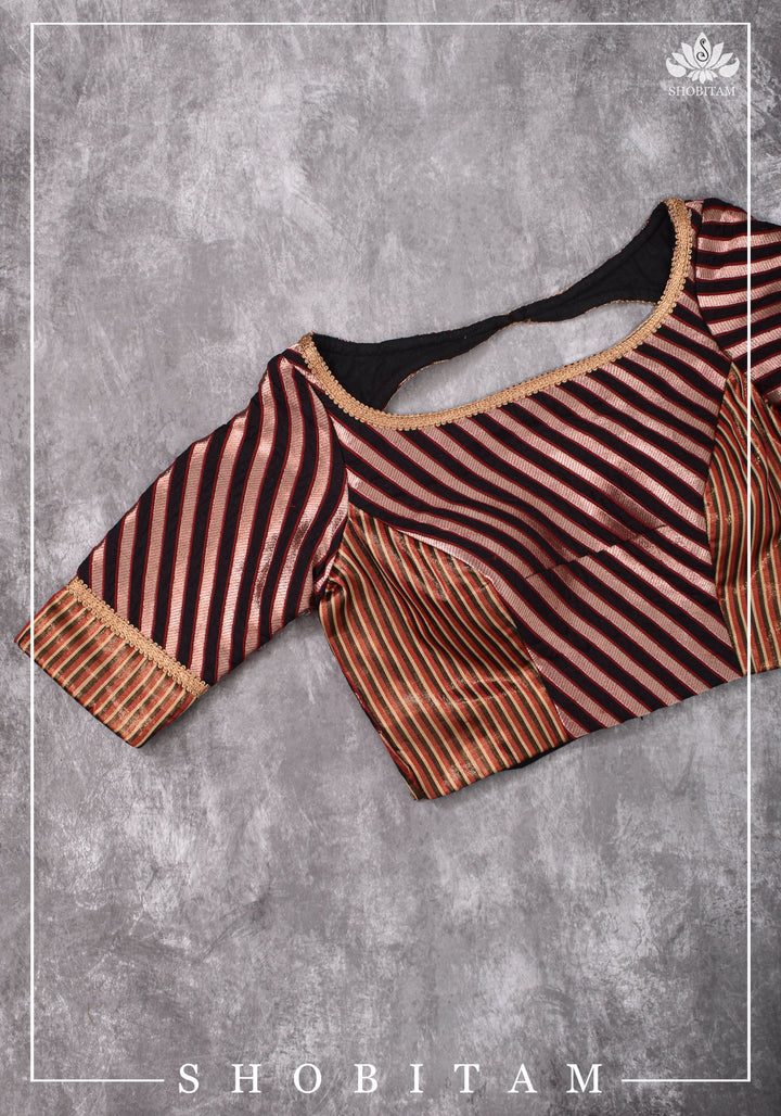 Size 34 Black, red and Copper striped brocade boatneck blouse | Shobitam Blouse