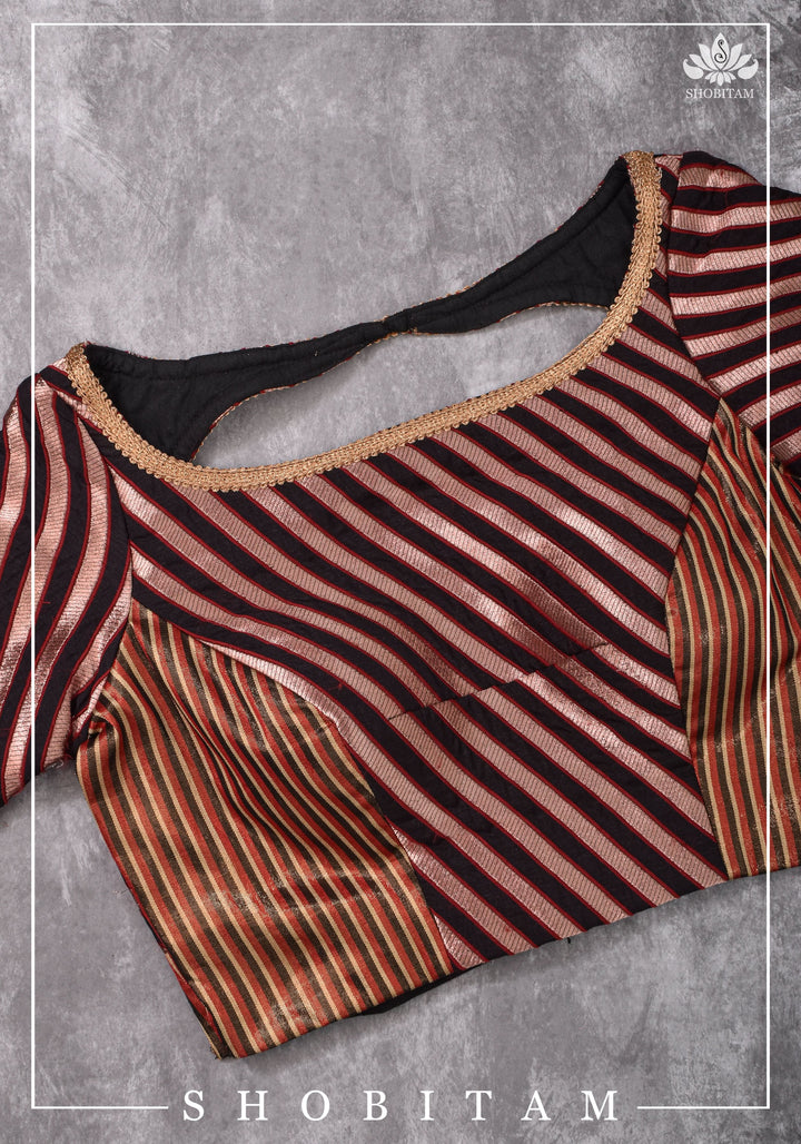 Size 34 Black, red and Copper striped brocade boatneck blouse | Shobitam Blouse