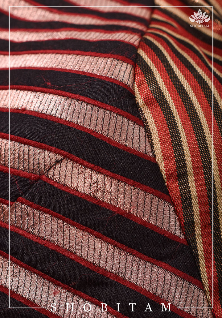 Size 34 Black, red and Copper striped brocade boatneck blouse | Shobitam Blouse