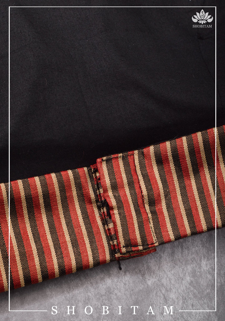 Size 34 Black, red and Copper striped brocade boatneck blouse | Shobitam Blouse