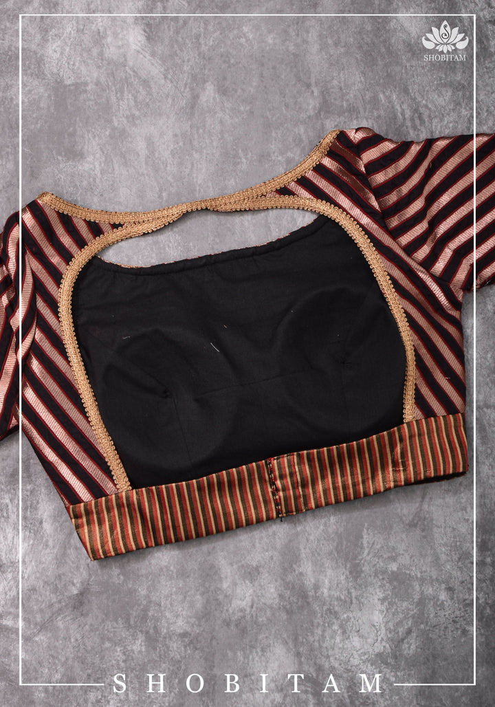 Size 34 Black, red and Copper striped brocade boatneck blouse | Shobitam Blouse