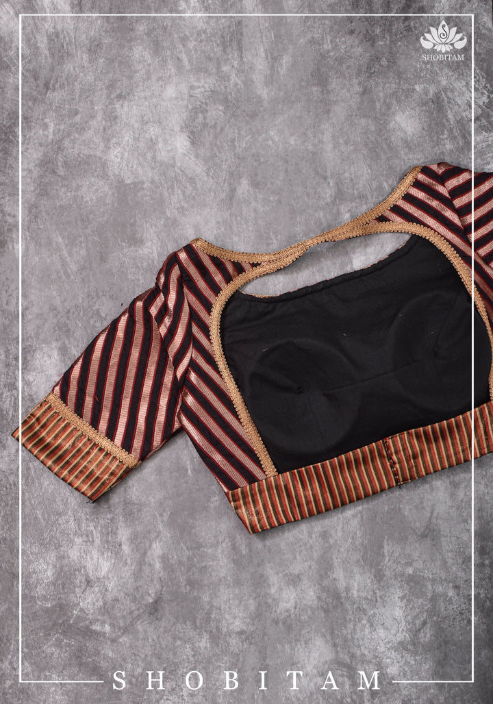 Size 34 Black, red and Copper striped brocade boatneck blouse | Shobitam Blouse