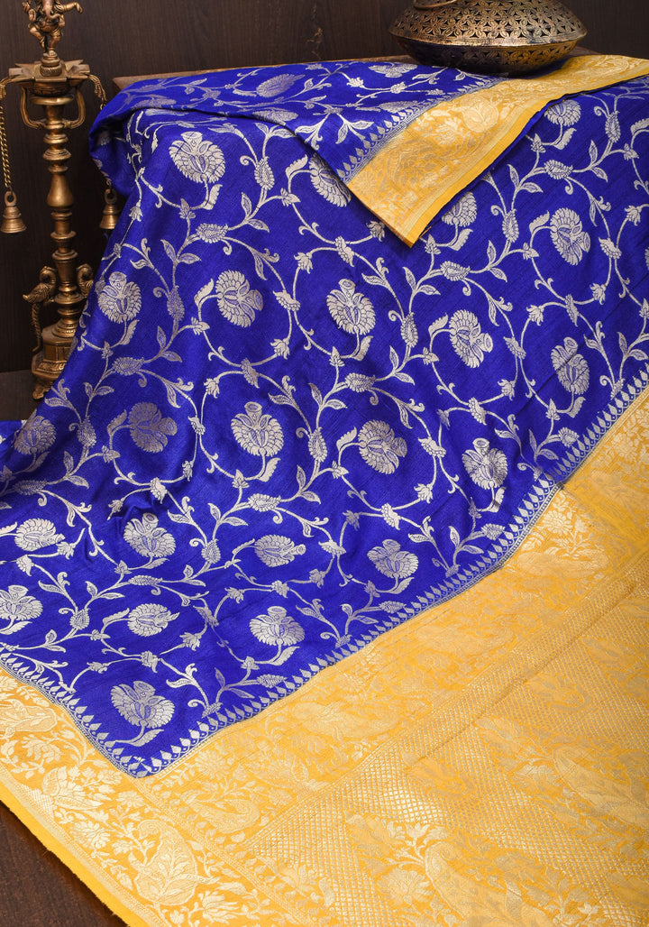 Exquisite Tussar Georgette Jaal Silk Saree in Blue and Yellow with Silver Jaal | SILK MARK CERTIFIED