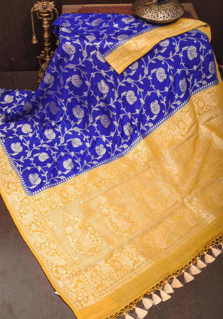 Exquisite Tussar Georgette Jaal Silk Saree in Blue and Yellow with Silver Jaal | SILK MARK CERTIFIED