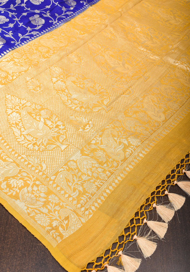 Exquisite Tussar Georgette Jaal Silk Saree in Blue and Yellow with Silver Jaal | SILK MARK CERTIFIED