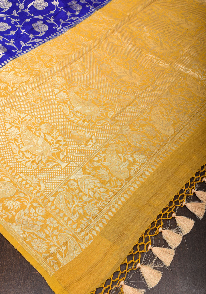 Exquisite Tussar Georgette Jaal Silk Saree in Blue and Yellow with Silver Jaal | SILK MARK CERTIFIED