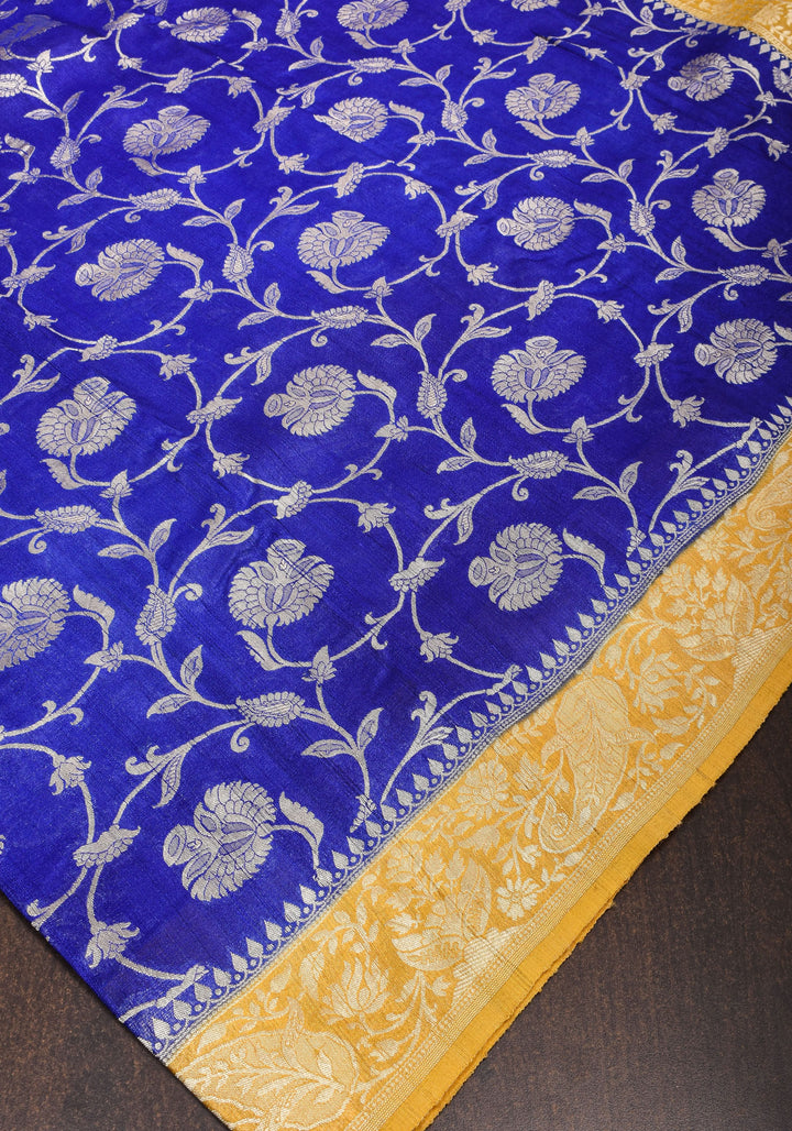 Exquisite Tussar Georgette Jaal Silk Saree in Blue and Yellow with Silver Jaal | SILK MARK CERTIFIED