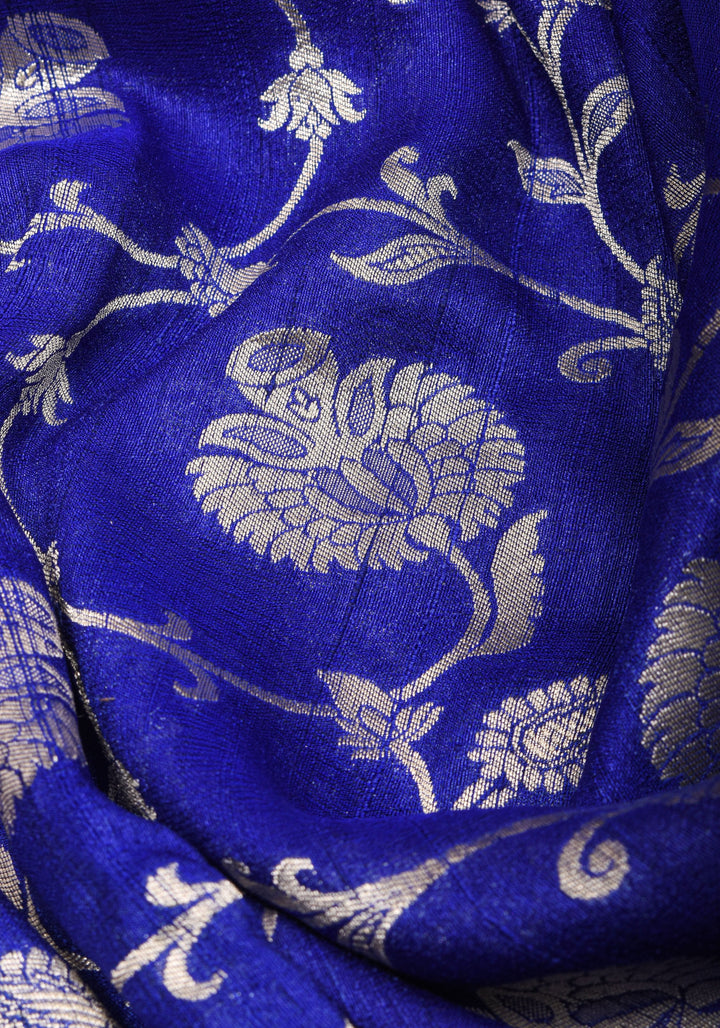 Exquisite Tussar Georgette Jaal Silk Saree in Blue and Yellow with Silver Jaal | SILK MARK CERTIFIED
