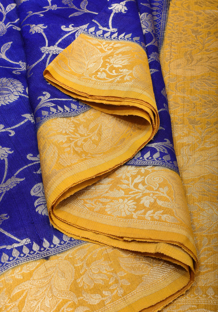 Exquisite Tussar Georgette Jaal Silk Saree in Blue and Yellow with Silver Jaal | SILK MARK CERTIFIED