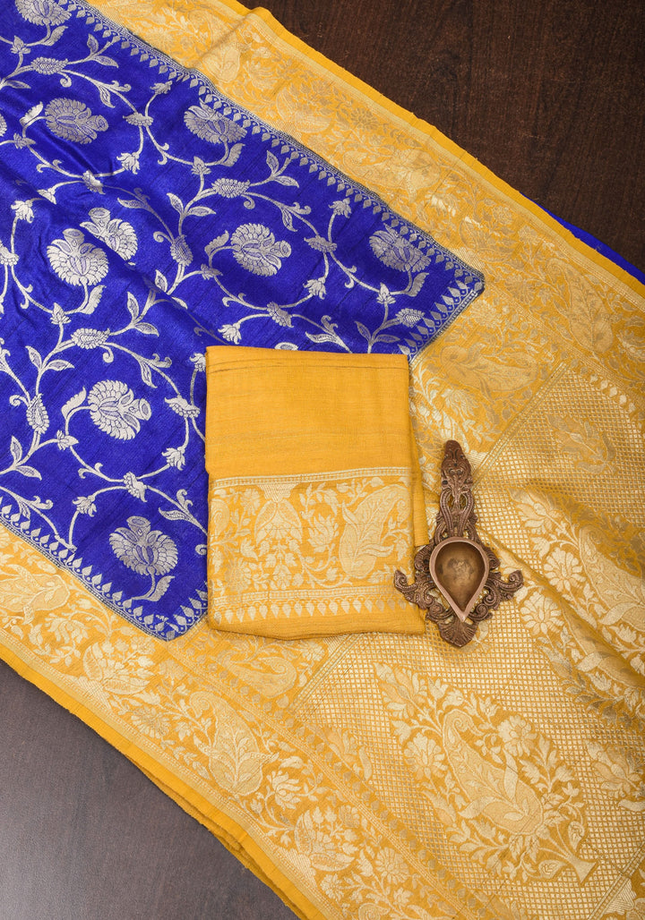 Exquisite Tussar Georgette Jaal Silk Saree in Blue and Yellow with Silver Jaal | SILK MARK CERTIFIED