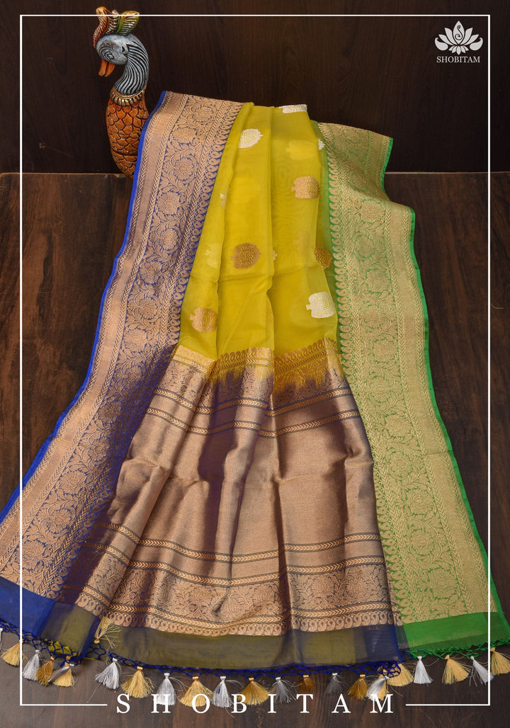 Banarasi Silk Organza Saree in Yellow with Ganga Jamuna Borders | SILK MARK CERTIFIED