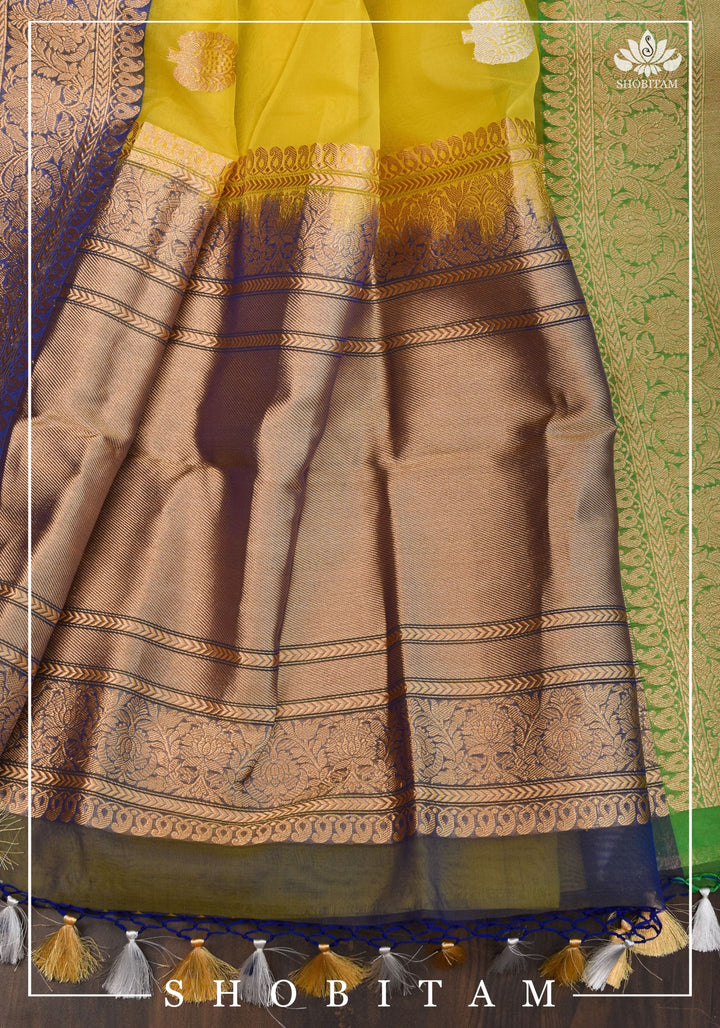 Banarasi Silk Organza Saree in Yellow with Ganga Jamuna Borders | SILK MARK CERTIFIED