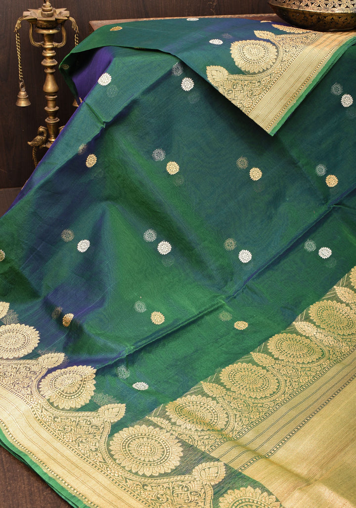 Gorgeous Pure Banarasi Kora Silk Saree in Peacock Blue & Green Dual Tone with Kadhuwa Weave | SILK MARK CERTIFIED