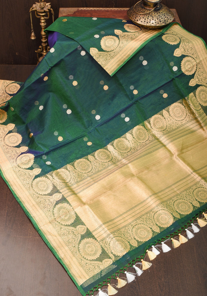 Gorgeous Pure Banarasi Kora Silk Saree in Peacock Blue & Green Dual Tone with Kadhuwa Weave | SILK MARK CERTIFIED