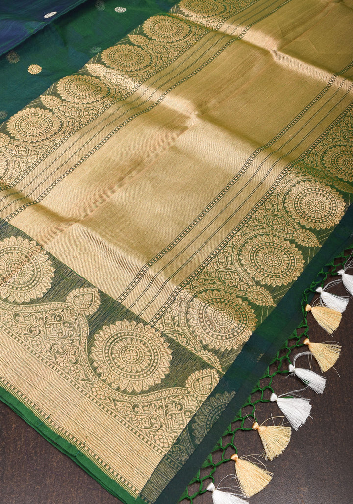 Gorgeous Pure Banarasi Kora Silk Saree in Peacock Blue & Green Dual Tone with Kadhuwa Weave | SILK MARK CERTIFIED