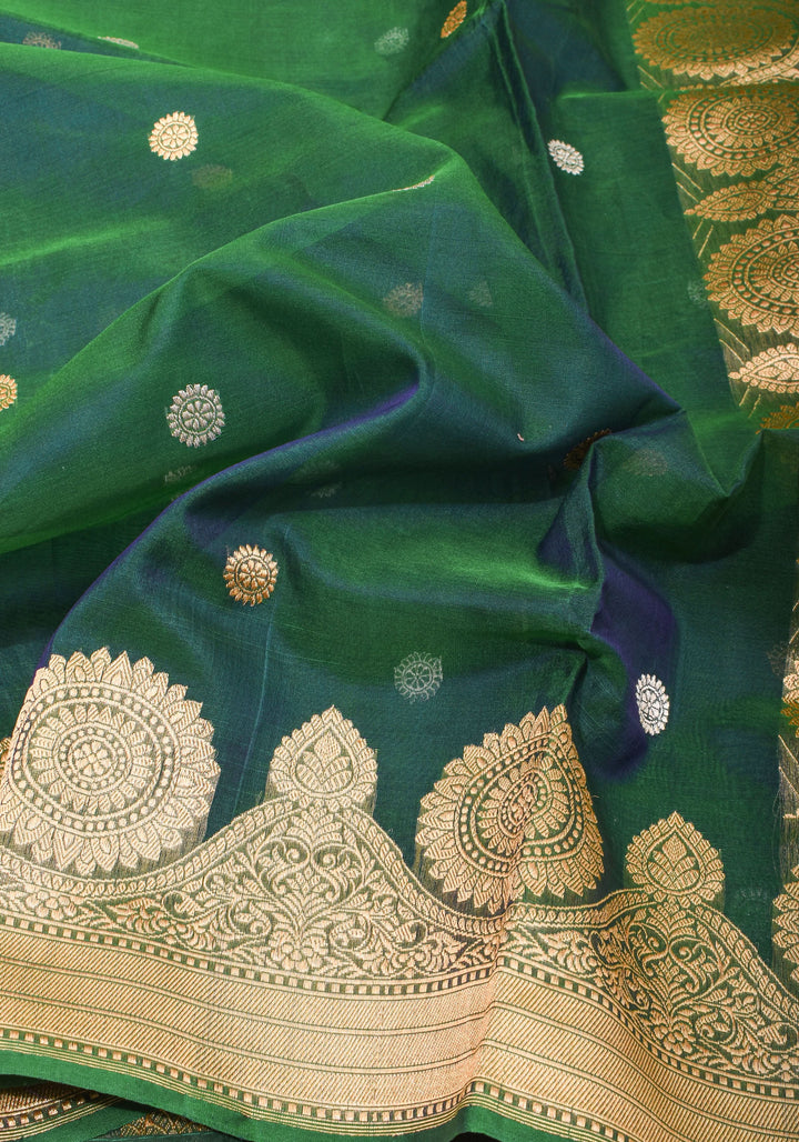 Gorgeous Pure Banarasi Kora Silk Saree in Peacock Blue & Green Dual Tone with Kadhuwa Weave | SILK MARK CERTIFIED
