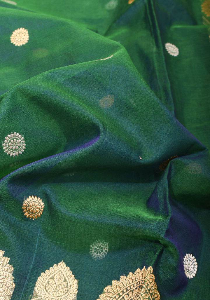 Gorgeous Pure Banarasi Kora Silk Saree in Peacock Blue & Green Dual Tone with Kadhuwa Weave | SILK MARK CERTIFIED